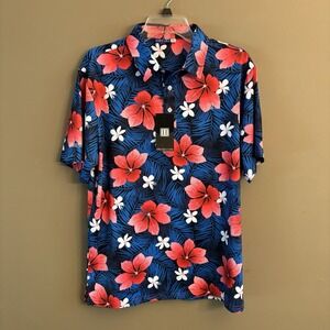 HRESKI Performance Golf‎ Polo Shirt Medium Tropical Flowers Hawaiian Vacation